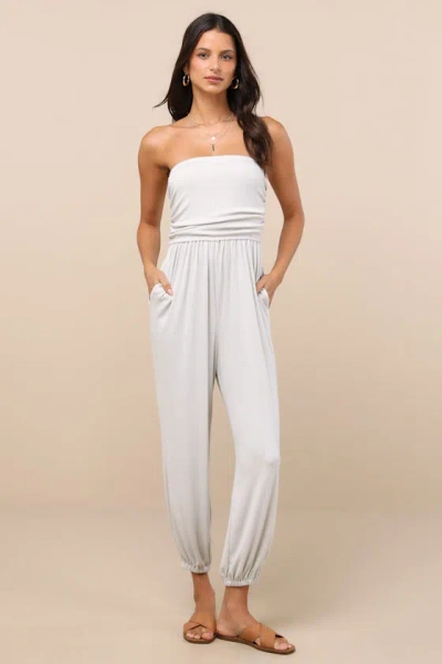 Lulus Flawless Comfort Bone Ruched Strapless Jogger Jumpsuit In Pattern