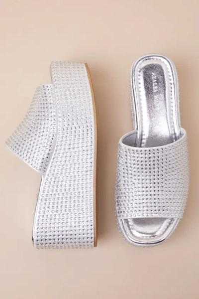 Azalea Wang Arachna Silver Rhinestone Platform Slide Sandals