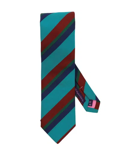 Seaward & Stearn Men's Hoover Repp Stripe Necktie In Teal, Burnt Orange, Green, & Navy
