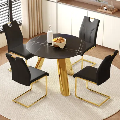 Streamdale Furniture Streamdale Round Table & 4 Chairs: Sintered Stone, Gold Legs