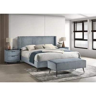 Streamdale Furniture Streamdale Wide Wale Corduroy Upholstery Panel King Bed With 2 Nightstands And Bench, Blue
