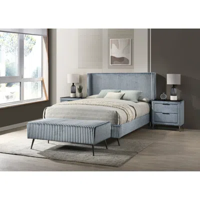 Streamdale Furniture Streamdale Wide Wale Corduroy Upholstery Panel Queen Bed With 2 Nightstands And Bench, Blue
