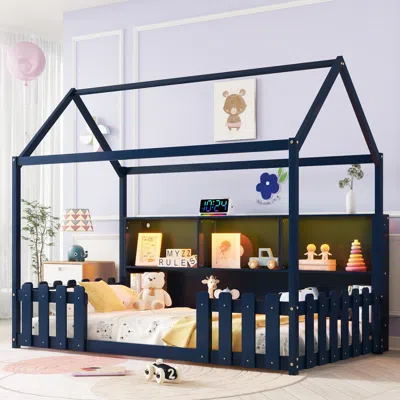 Streamdale Furniture Streamdale Twin House Bed With Led, Bookshelf, Guardrails - Navy