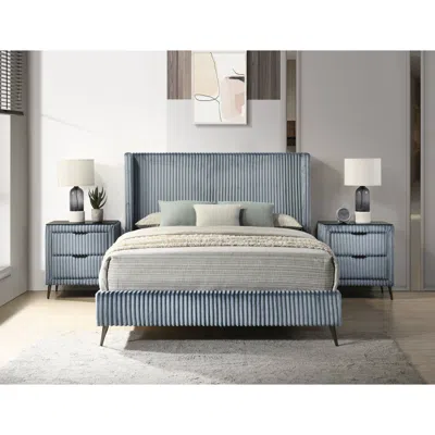 Streamdale Furniture Streamdale Wide Wale Corduroy Upholstery Panel Queen Bed With 2 Nightstands, Blue