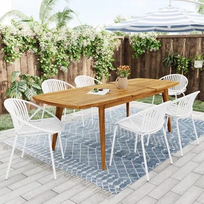 Streamdale Furniture Streamdale 7 Pieces Outdoor Modern Expandable Dining Set With Stackable Chair,white+teak