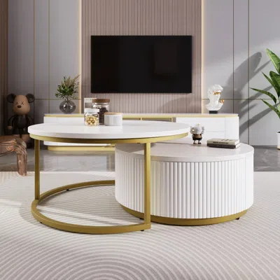 Streamdale Furniture Streamdale Modern Round Nesting Coffee Table Fluted With Drawer In 27.6"