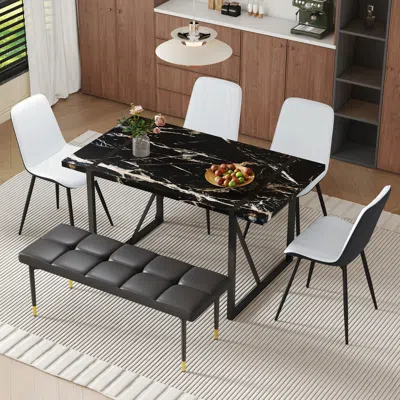 Streamdale Furniture Streamdale Modern Black Marble Dining Set With Bench