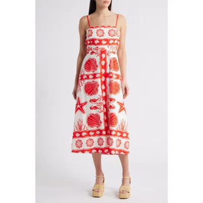 Moon River Sea Print Scallop Midi Dress In Red Multi