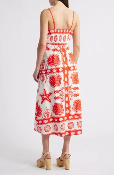 Moon River Sea Print Scallop Midi Dress In Red Multi