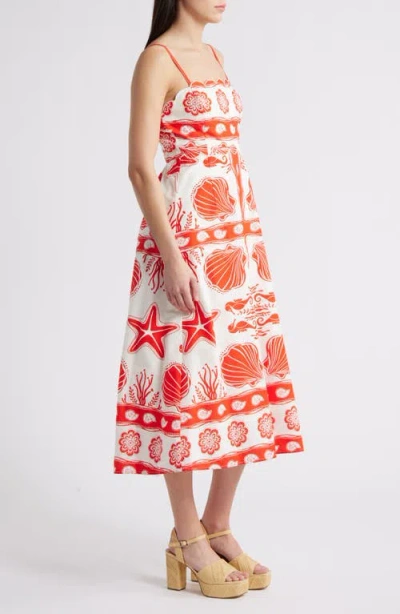 Moon River Sea Print Scallop Midi Dress In Red Multi