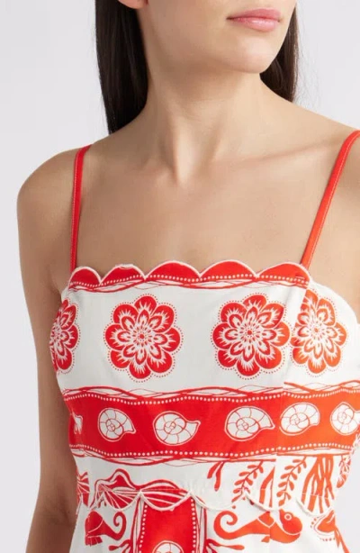 Moon River Sea Print Scallop Midi Dress In Red Multi