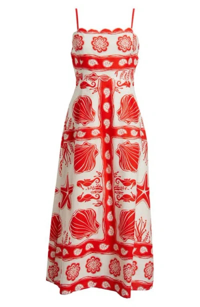 Moon River Sea Print Scallop Midi Dress In Red Multi