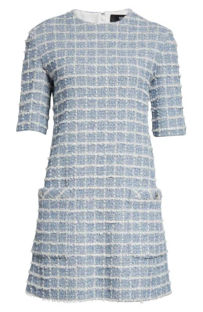 Versace Short-sleeve Windowpane Tweed Boucle Mini Dress In Blue