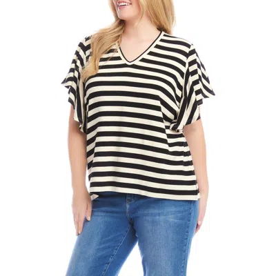 Karen Kane Stripe Flutter Sleeve Stretch Cotton Top In Black