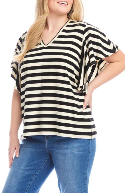 Karen Kane Stripe Flutter Sleeve Stretch Cotton Top In Black
