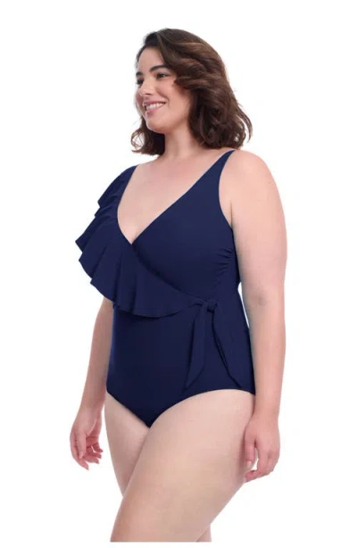 Profile By Gottex Tutti Frutti Plus Size Ruffle Surplice One Piece In Blue