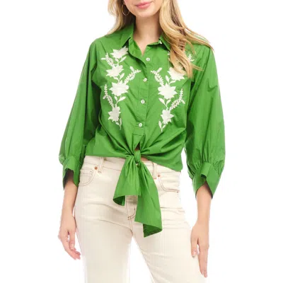 Karen Kane Blouson Sleeve Embroidered Tie-front Top In Green
