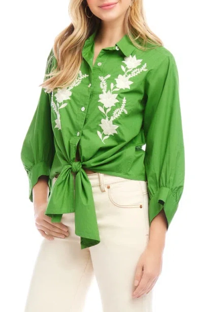 Karen Kane Blouson Sleeve Embroidered Tie-front Top In Green