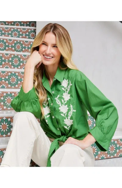 Karen Kane Blouson Sleeve Embroidered Tie-front Top In Green