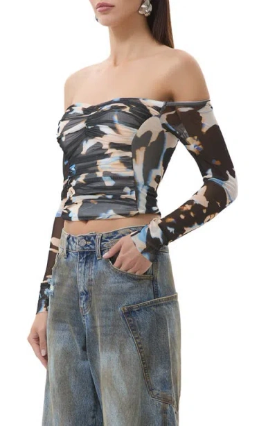 Afrm Odilla Printed Off The Shoulder Mesh Top
