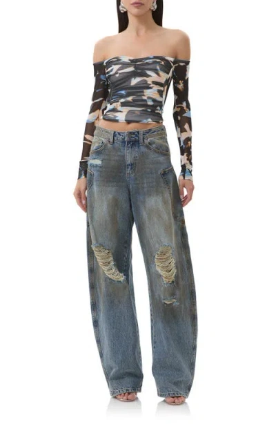 Afrm Odilla Printed Off The Shoulder Mesh Top