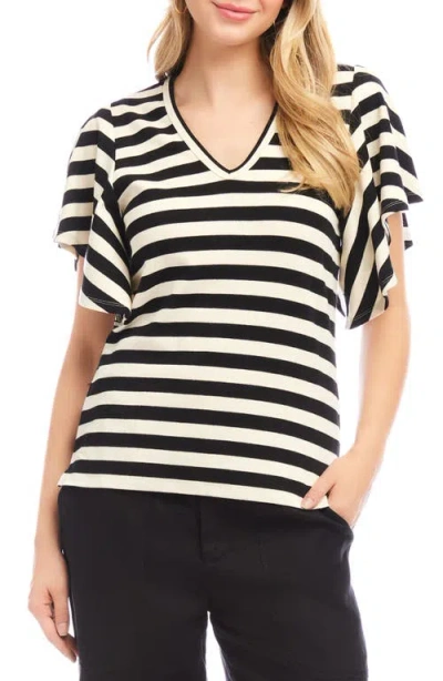 Karen Kane Stripe Flutter Sleeve Stretch Cotton Top In Black