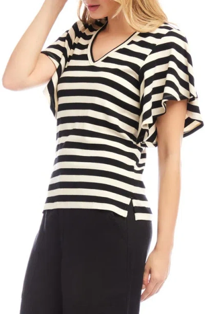 Karen Kane Stripe Flutter Sleeve Stretch Cotton Top In Black