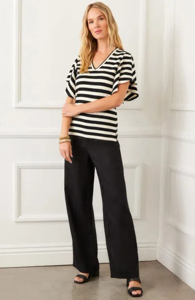 Karen Kane Stripe Flutter Sleeve Stretch Cotton Top In Black