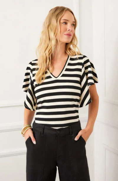 Karen Kane Stripe Flutter Sleeve Stretch Cotton Top In Black