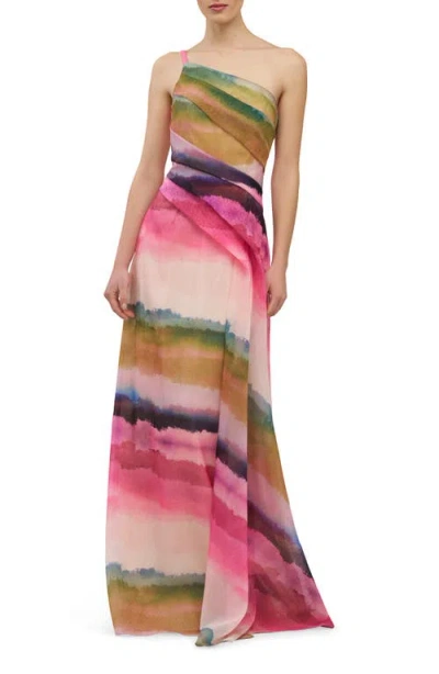 Kay Unger Normani One-shoulder Chiffon Gown In Multi