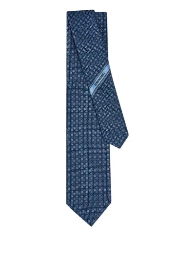 Ferragamo Gancini Motif Jacquard Tie In Blue