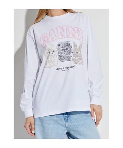 Ganni Oversized Printed Organic And Recycled Cotton-jersey Sweatshirt In White
