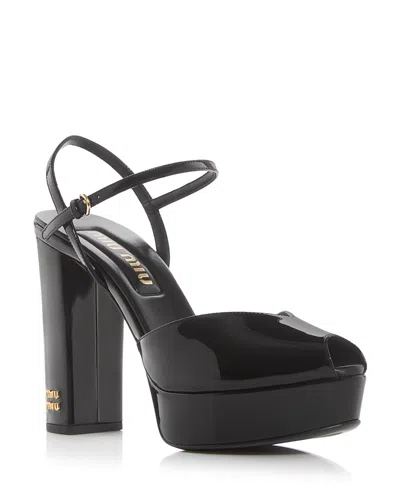 Miu Miu Patent Leather Block-heel Platform Sandals In Black