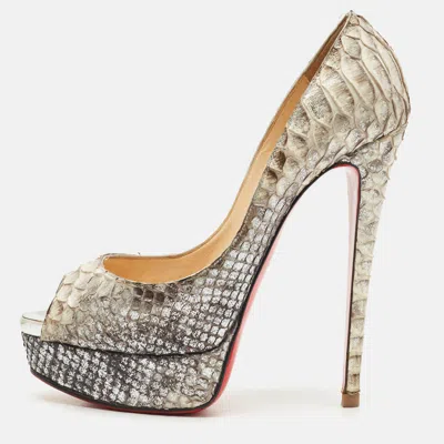 Pre-owned Christian Louboutin Metallic/silver Python Leather Lady Peep Toe Platform Pumps Size 38.5
