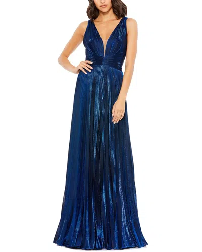 Mac Duggal Plunge Neck Pleated Metallic Gown In Blue