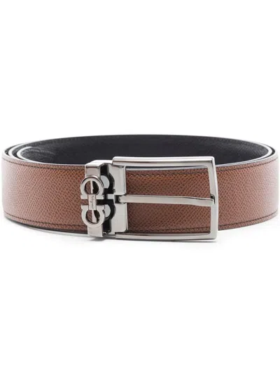 Ferragamo Stamped Leather Reversible Gancini Belt In Brown