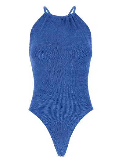 Hunza G 'portia' Blue Swimsuit With Criss-crossed Straps On The Rear