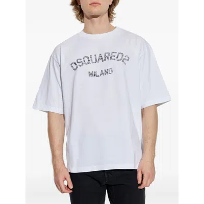 Dsquared2 Loose Fit White Cotton Jersey T-shirt With Vintage-effect Logo In White