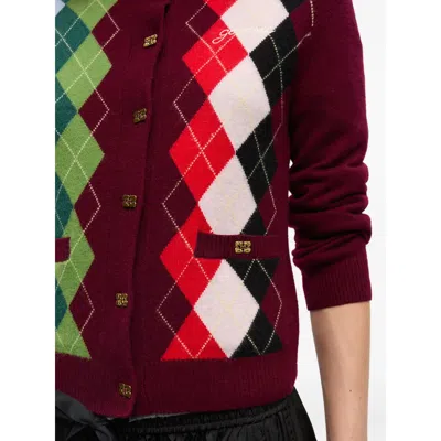 Ganni Womens Tawny Port Rhombus-print Round-neck Wool And Cashmere Cardigan Xl