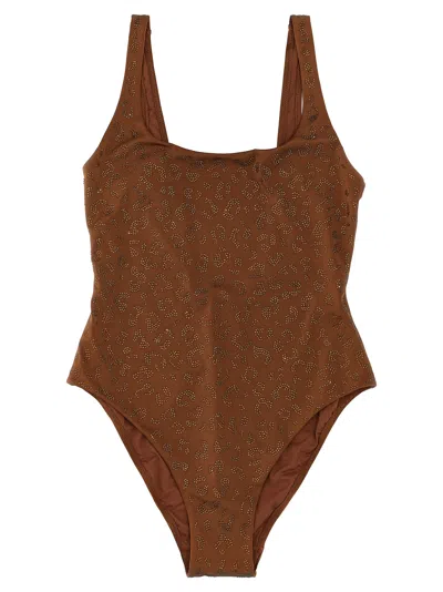 Mc2 Saint Barth Lora Shiny Strass Leopard One-piece Swimsuit In Brown