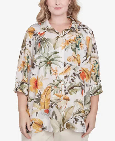 Alfred Dunner Plus Size Tropical Bird Button Front Top In Multi
