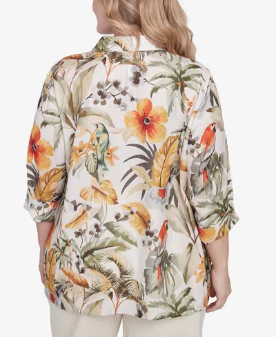 Alfred Dunner Plus Size Tropical Bird Button Front Top In Multi