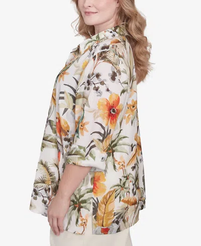 Alfred Dunner Plus Size Tropical Bird Button Front Top In Multi