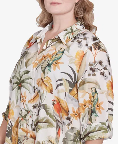 Alfred Dunner Plus Size Tropical Bird Button Front Top In Multi