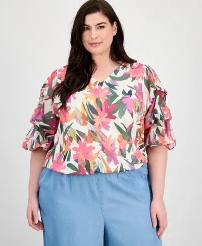 Vince Camuto Plus Size Printed V-neck Bubble Blouse In Multi