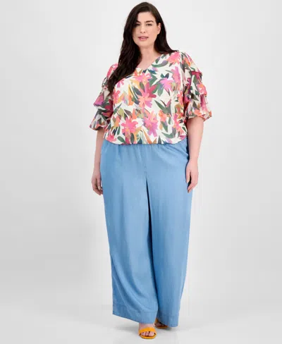 Vince Camuto Plus Size Printed V-neck Bubble Blouse In Multi