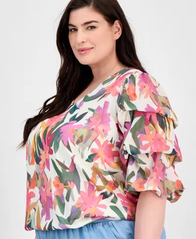 Vince Camuto Plus Size Printed V-neck Bubble Blouse In Multi
