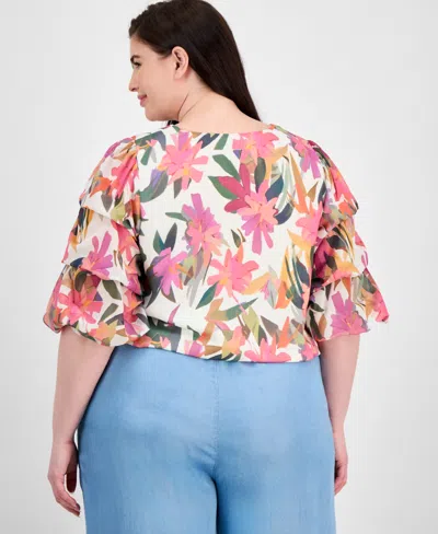 Vince Camuto Plus Size Printed V-neck Bubble Blouse In Multi