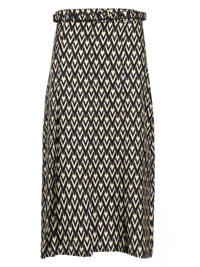 Valentino Belted Pleated Printed Silk-twill Midi Skirt In Black
