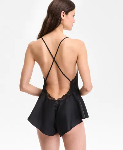 Macy's Women's Lace-trim Satin Flutter Romper, Exclusively At  In Black